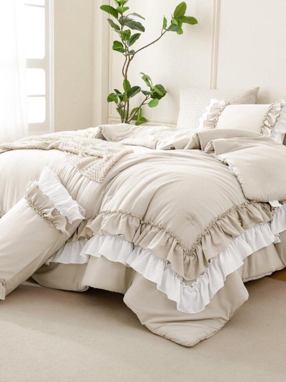 Ruffled King Comforter Set,Farmhouse Shabby Boho Chic Wheat and White Bedding
